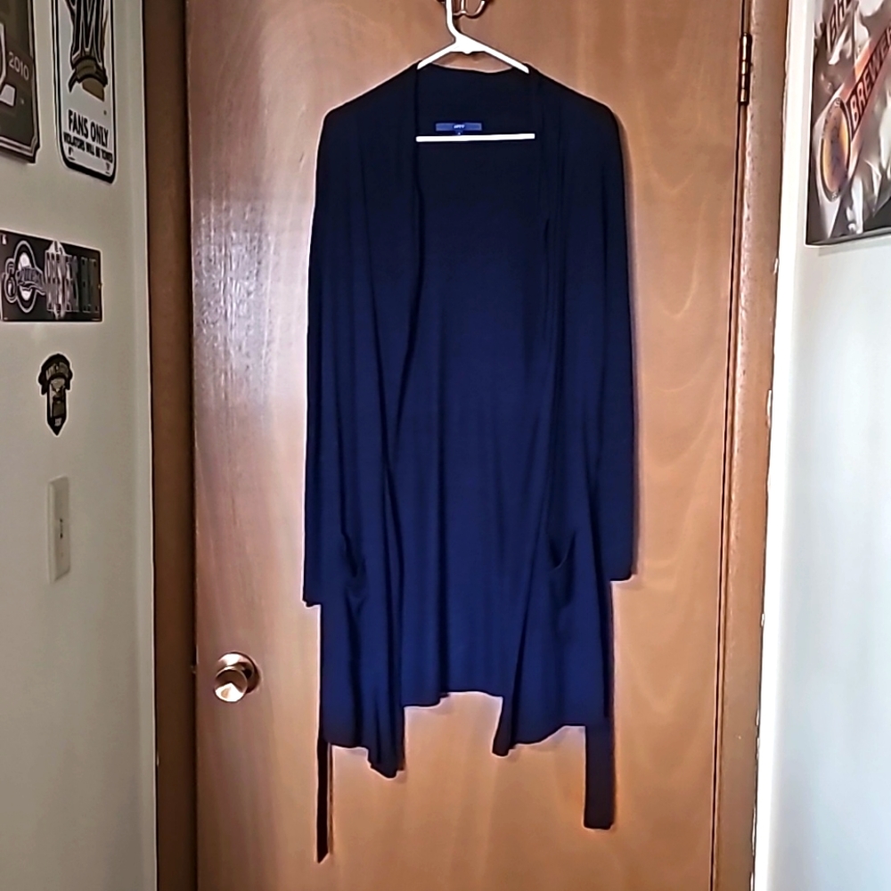 Women's Apartment 9 blue long belted cardigan